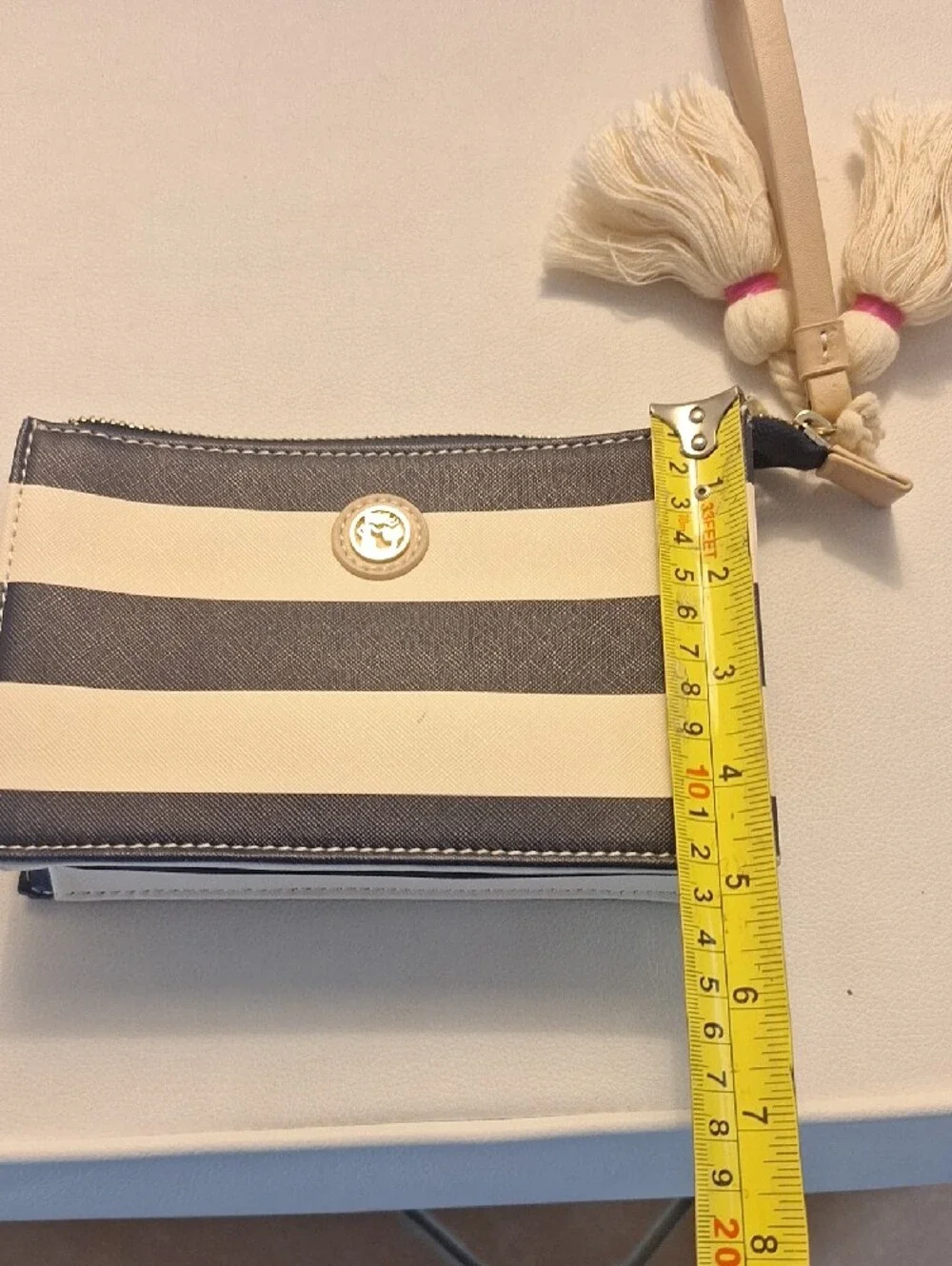 Gorgeous Spartina Striped Navy and White Leather Wristlet Pouch with Tassel